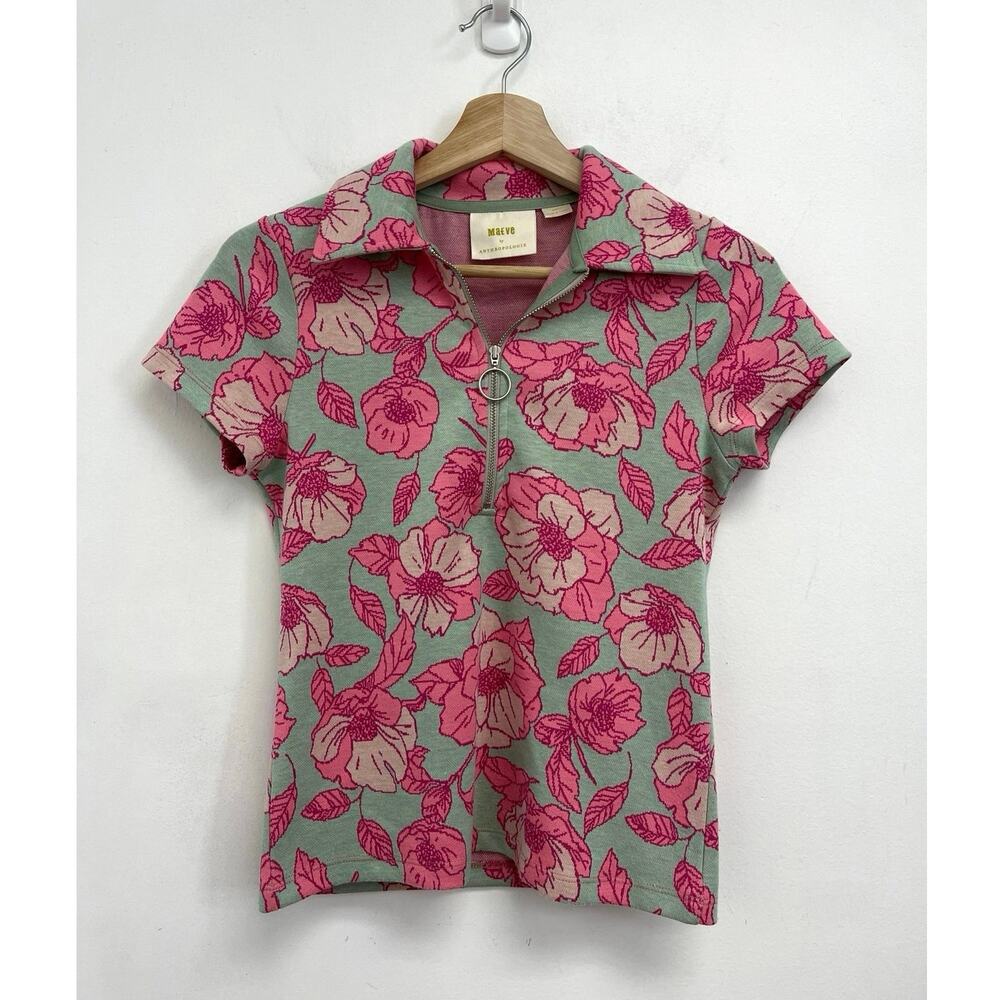 Maeve Anthropologie Short-Sleeve Floral Jacquard Print Retro Polo Half Zip TopXS